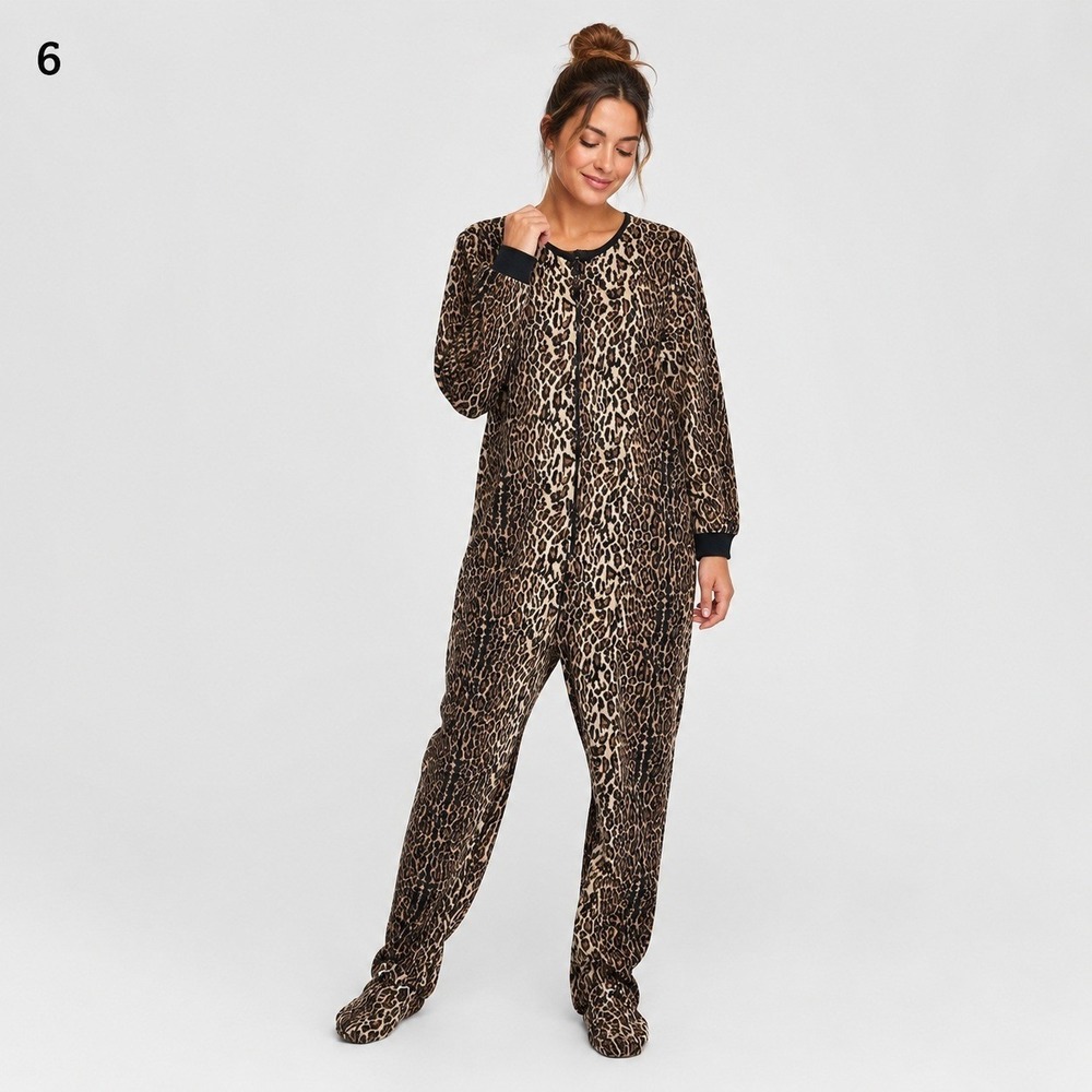 Nick & Nora Footie Pajamas Womens Large Brown Leopard Animal Print Polyester